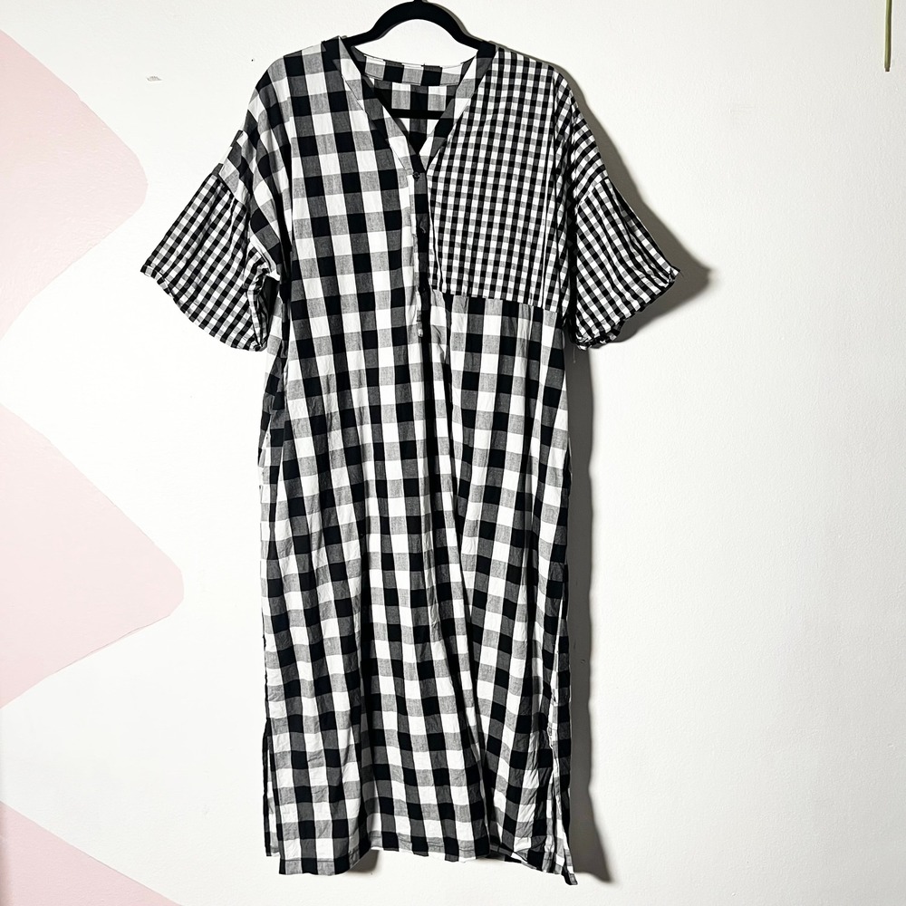 100% Cotton Midi Dress Large Black Gingham Patchwork Cottagecore
